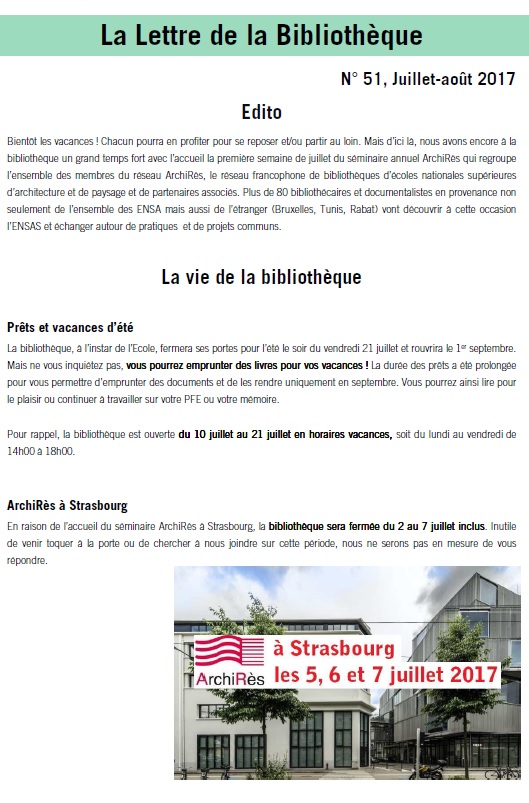 Lettre de la bibliothèque de l'ENSAS n°51